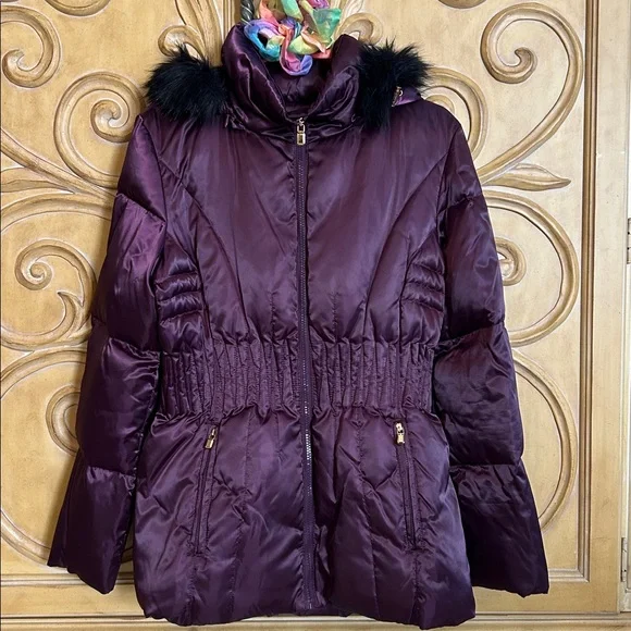 laundry By Shelli Segal Puffer Jacket with Faux Fur Deep Purple & Black - Picture 1 of 13